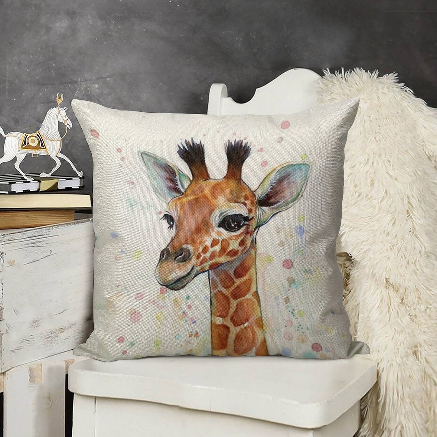 Baby Giraffe Watercolor Painting, Nursery Art Linen Throw Pillow Cover
