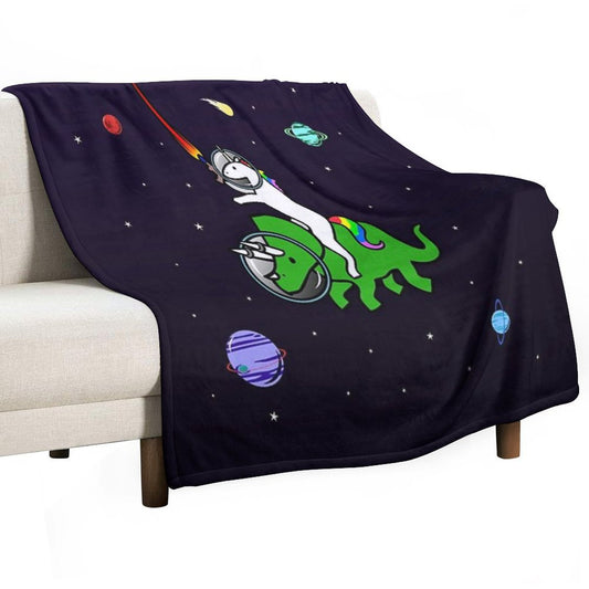 Unicorn Riding Triceratops In Space Throw Blanket