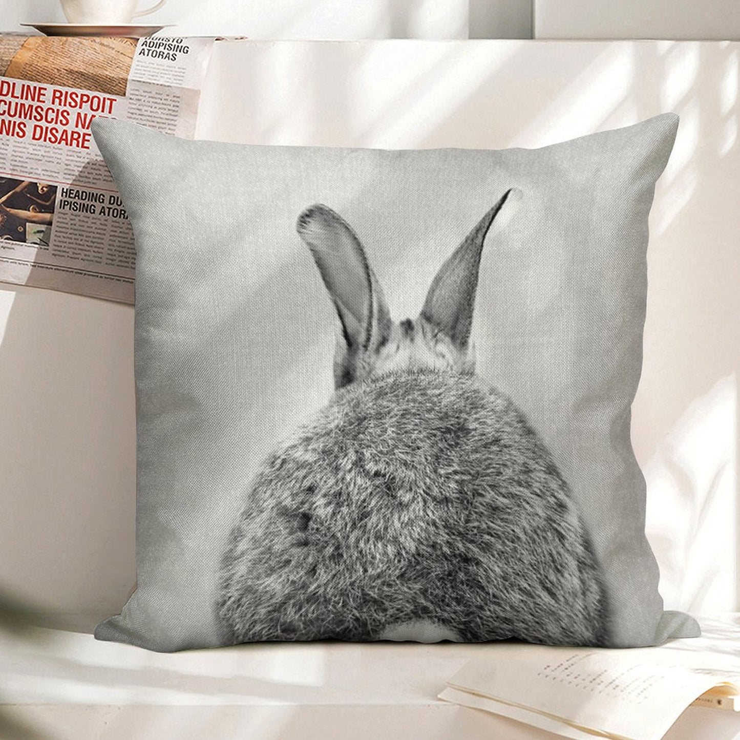 Rabbit Tail - Black & White Linen Throw Pillow Cover