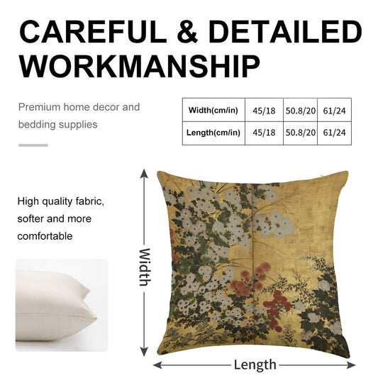 White Red Chrysanthemums Floral Japanese Gold Screen Print Linen Throw Pillow Cover
