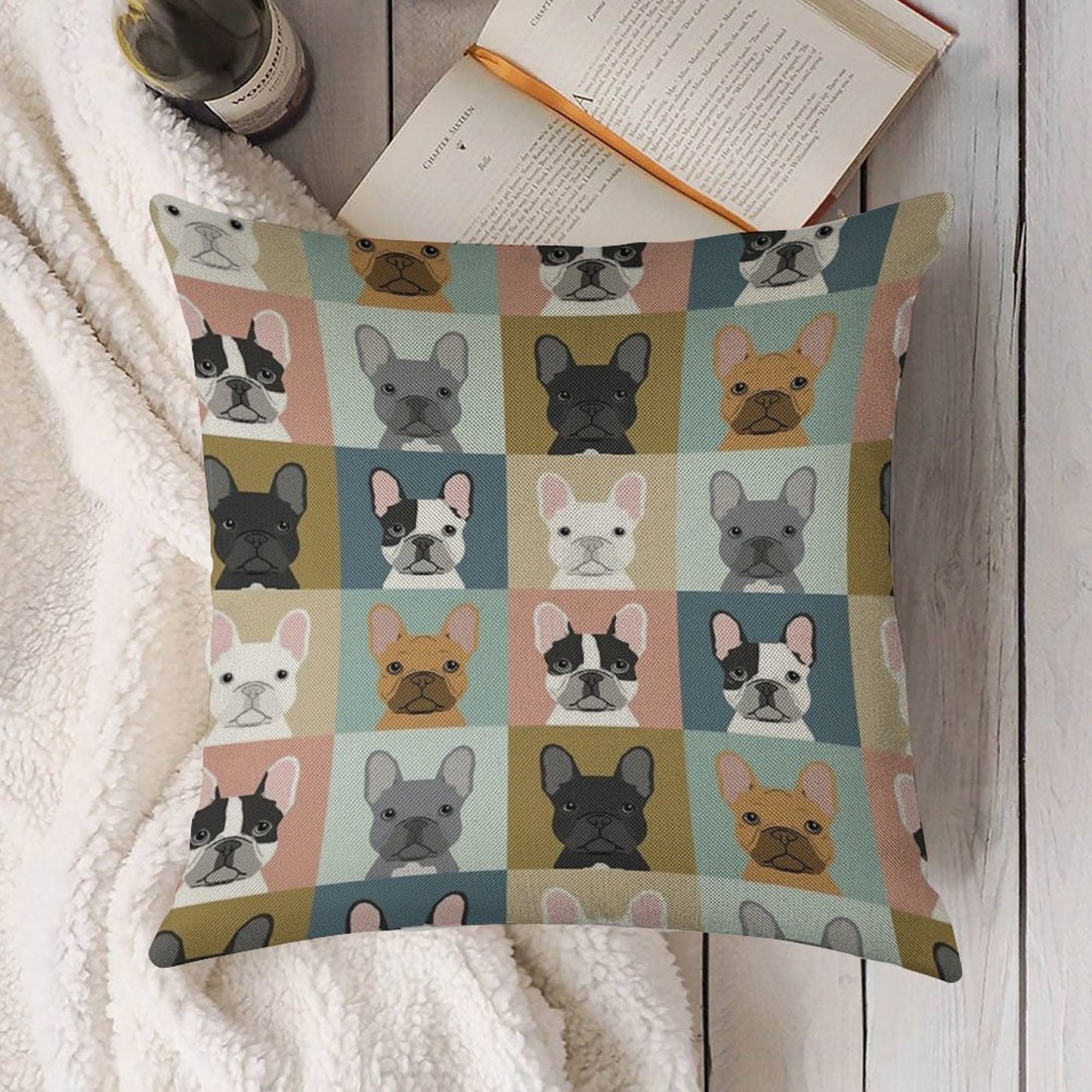 French Bulldog Portraits Pattern Dog Person Gift Love Animal Pet Puppy Frenchie Bulldog Valentines Linen Throw Pillow Cover