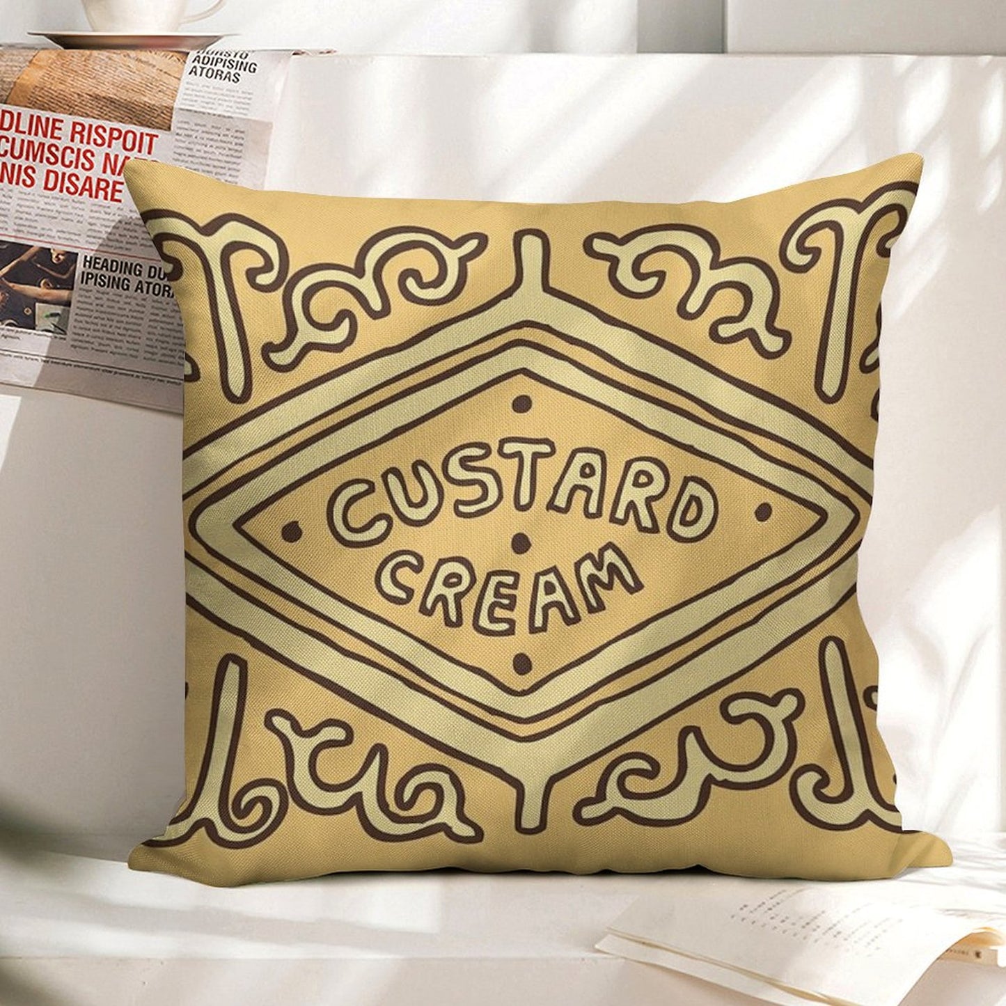 Custard Cream British Biscuit Linen Throw Pillow Cover