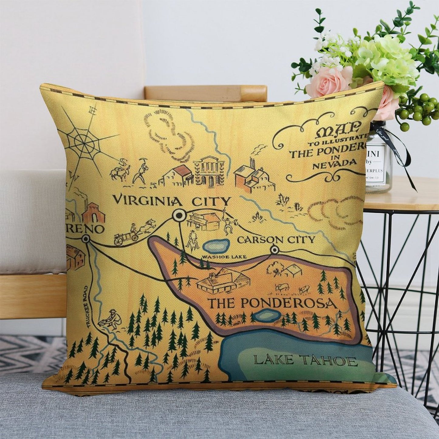 Map of The Ponderosa from 'Bonanza' Linen Throw Pillow Cover