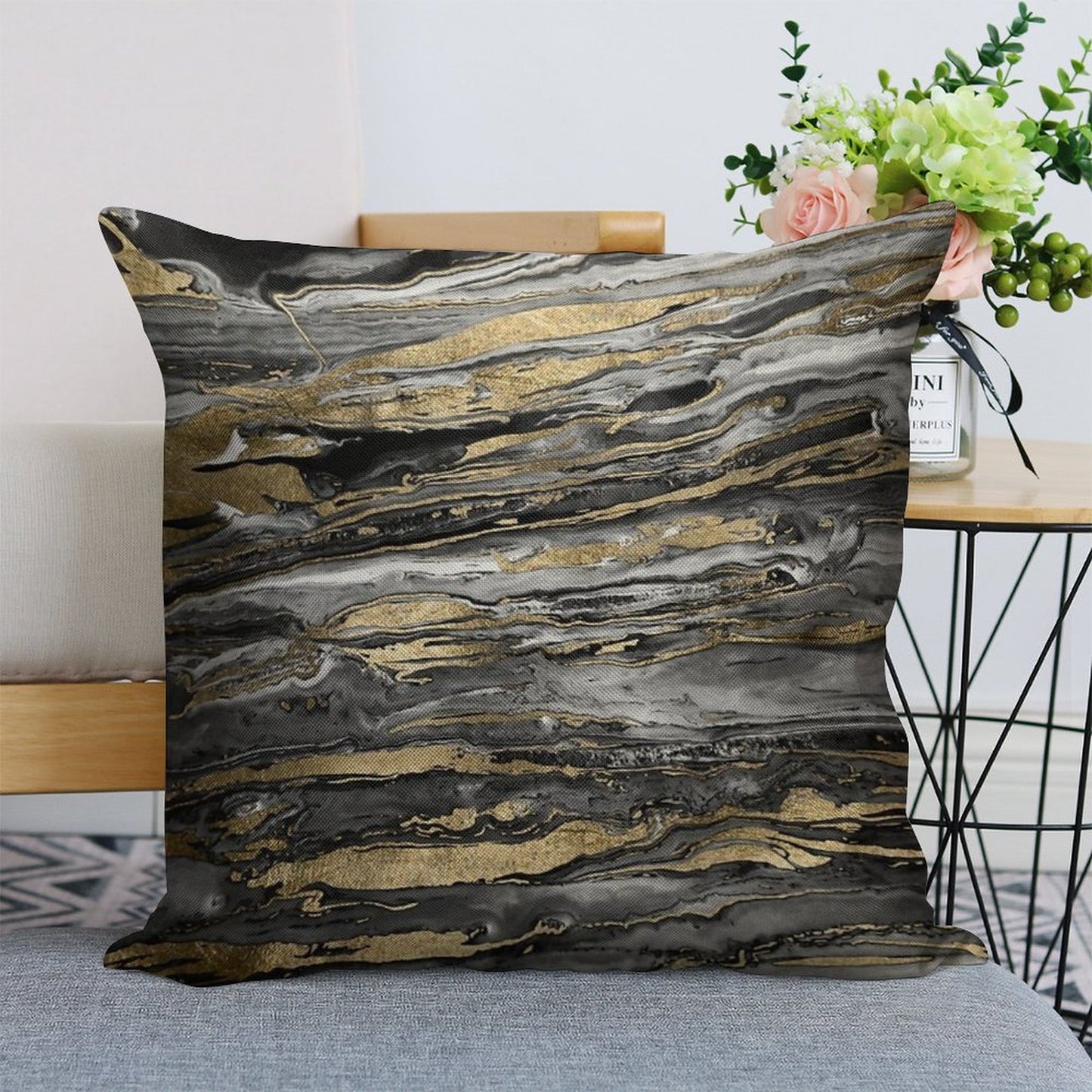 Stylish Grey Gold Abstract Marble Linen Throw Pillow Cover