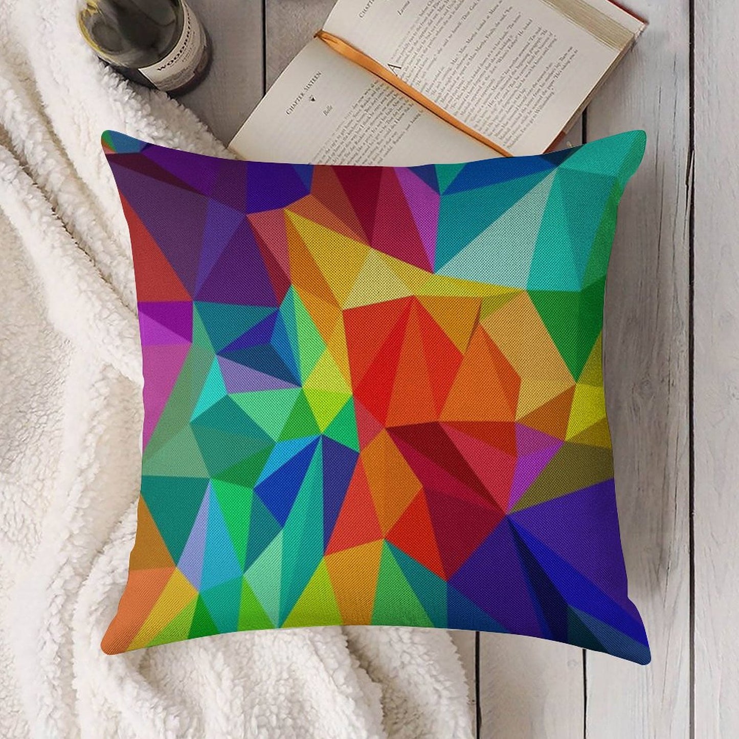 Bright Colorful Geometric Rainbow Design Linen Throw Pillow Cover