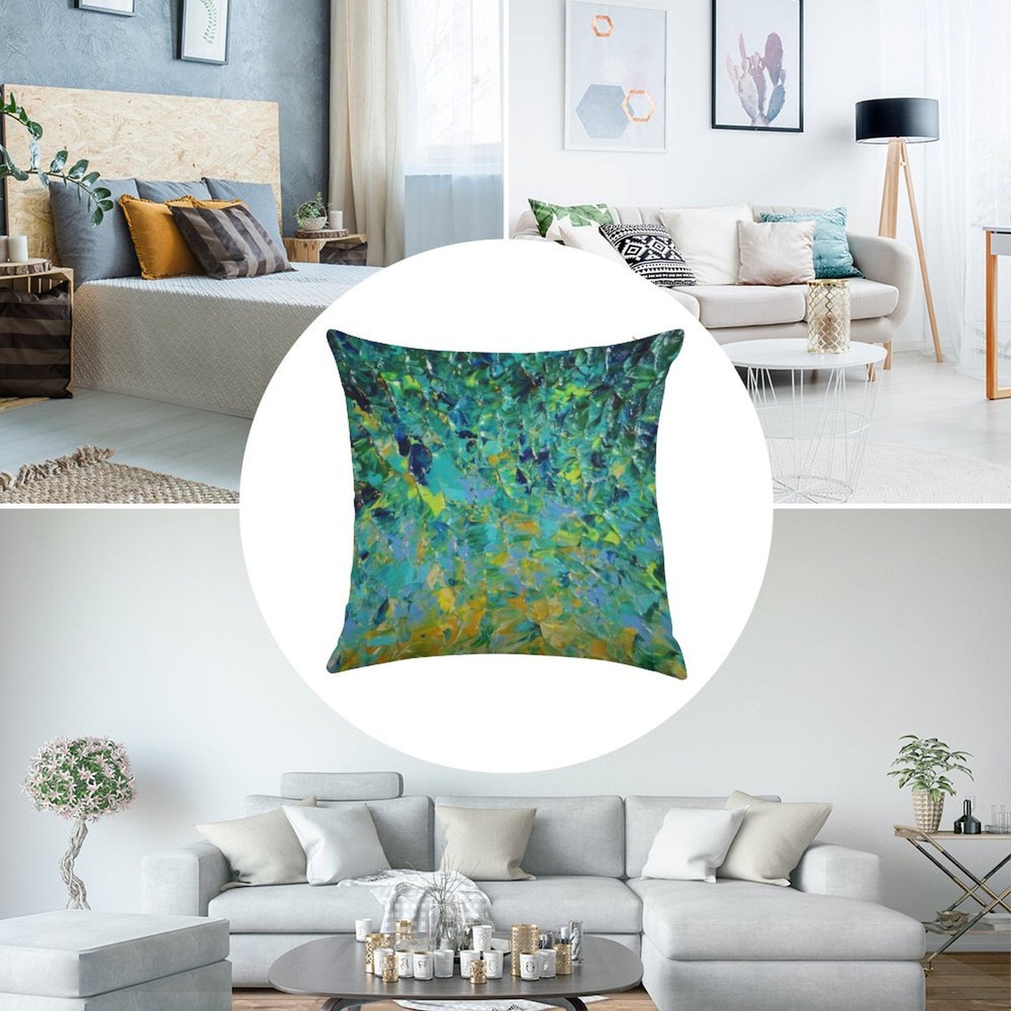 BEAUTY BENEATH THE SURFACE - Stunning Lake Ocean River Water Nature Green Blue Teal Yellow Aqua Abstract Linen Throw Pillow Cover