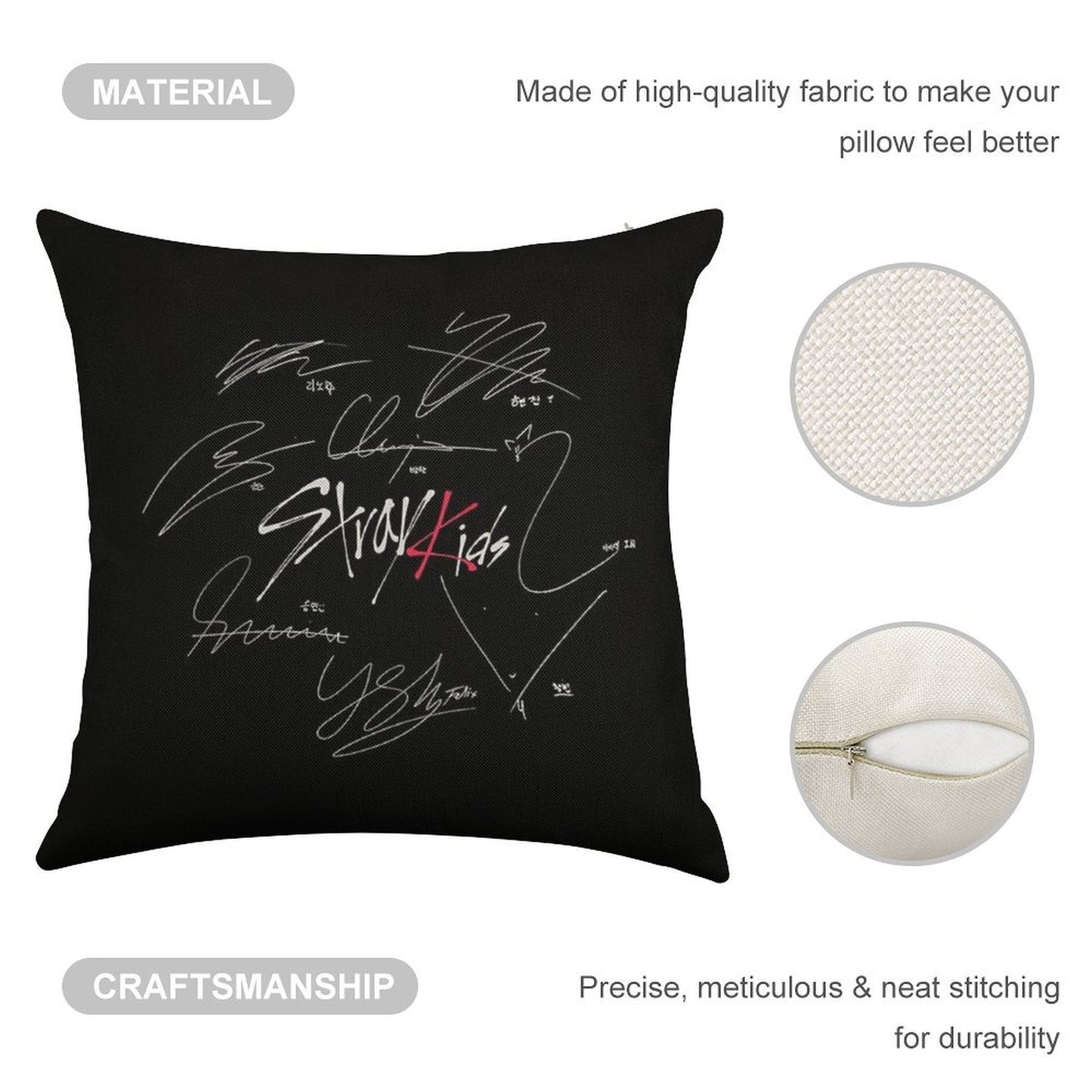 Stray Kids OT8 - Logo with Signatures (black) Linen Throw Pillow Cover