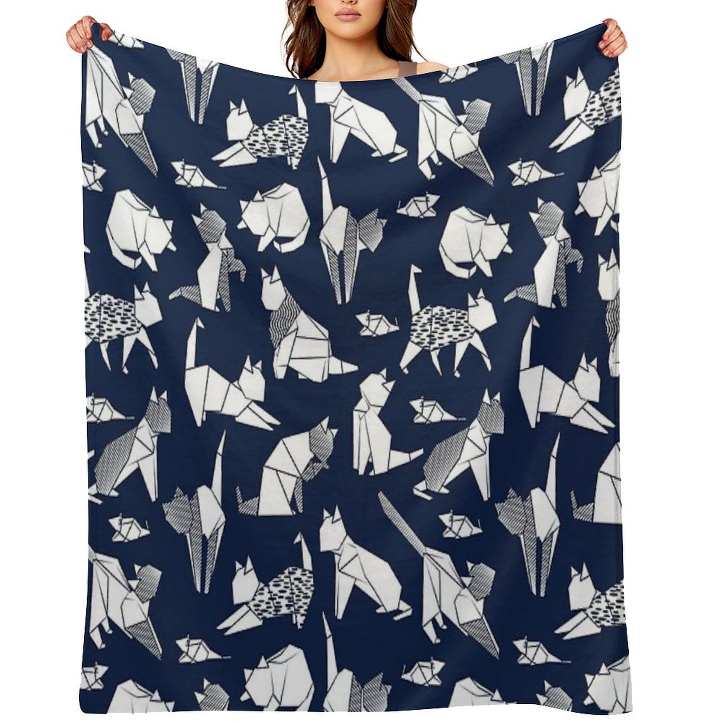 Origami Kitten Friends Blue Navy Background Paper Cats Throw Blanket