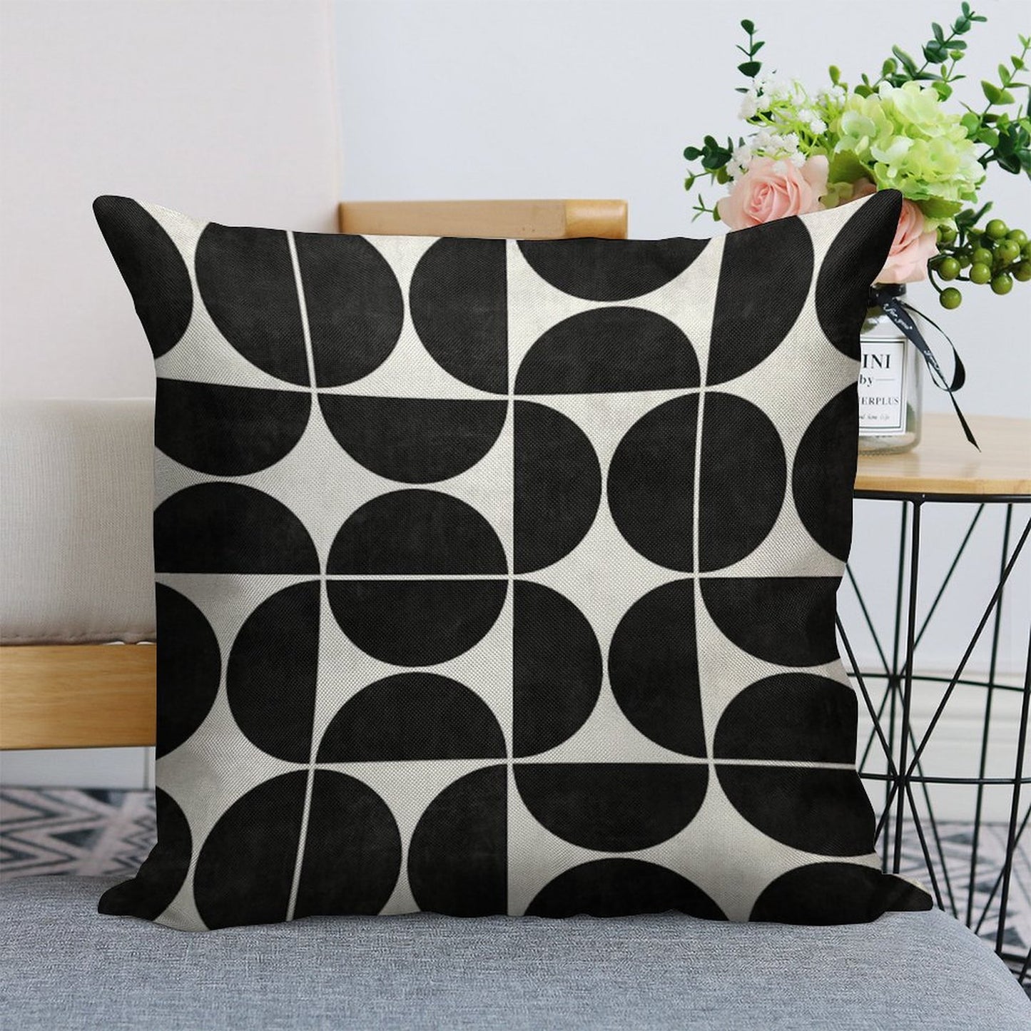 Mid-Century Modern Pattern No.3 - Black And White Concrete Linen Throw Pillow Cover
