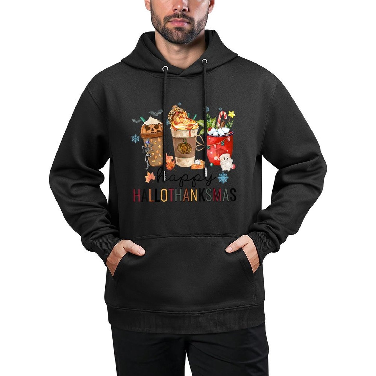 Happy Hallothanksmas Coffee Halloween Thanksgiving Christmas Medium-Weight Fabric Hoodie