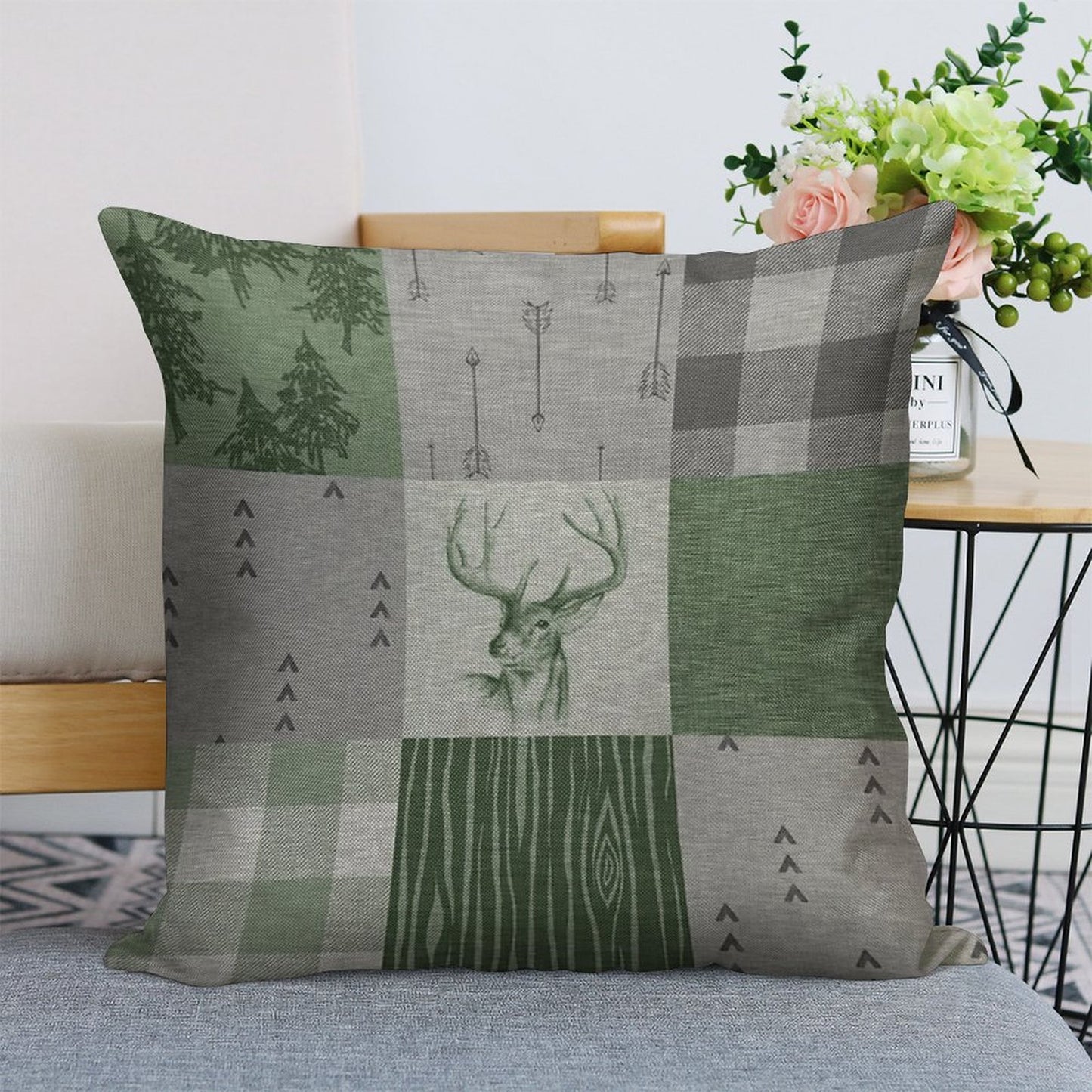 Rustic Deer Patchwork - GreenGrey Linen Throw Pillow Cover
