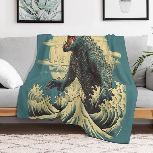 Vintage Japanese Godzilla Great Wave Throw Blanket