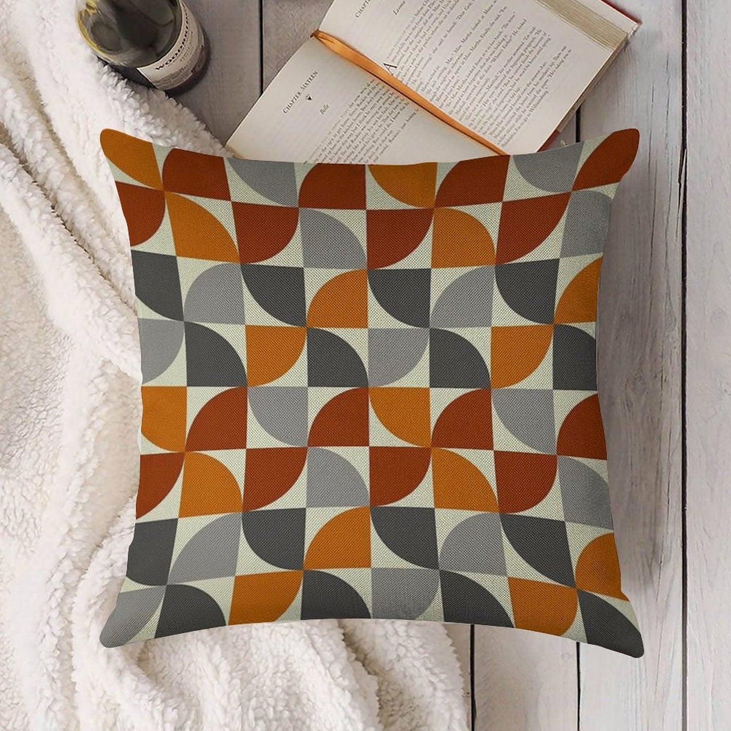 Grey And Orange Mid Century Modern Linen Throw Pillow Cover