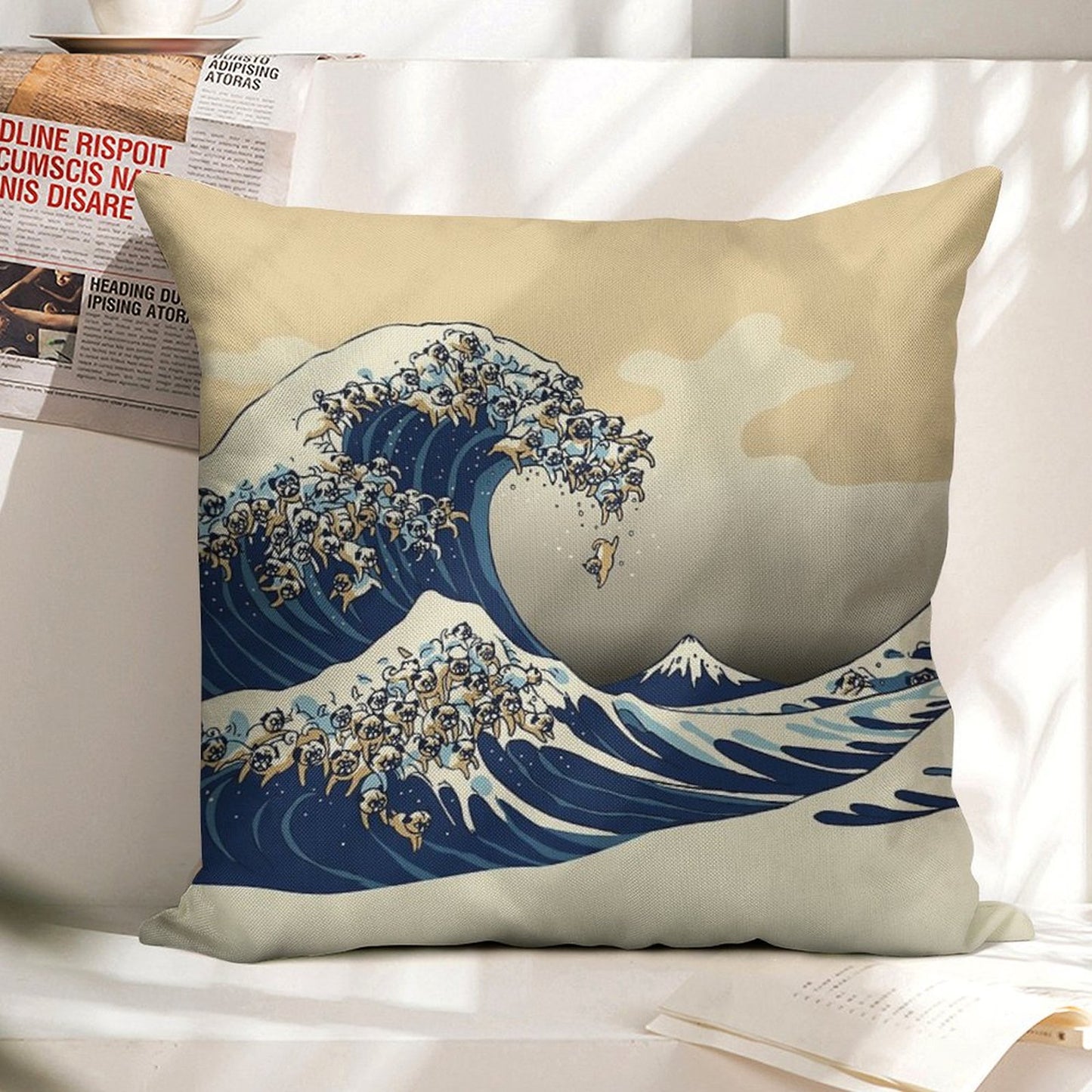 The Great Wave of Pugs Vanilla Sky Linen Throw Pillow Cover