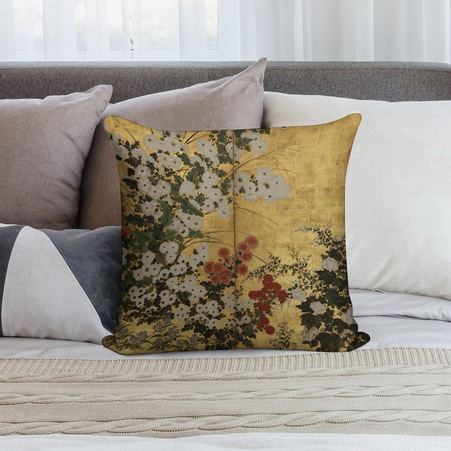 White Red Chrysanthemums Floral Japanese Gold Screen Print Soft Reinforced Edging Throw Pillow