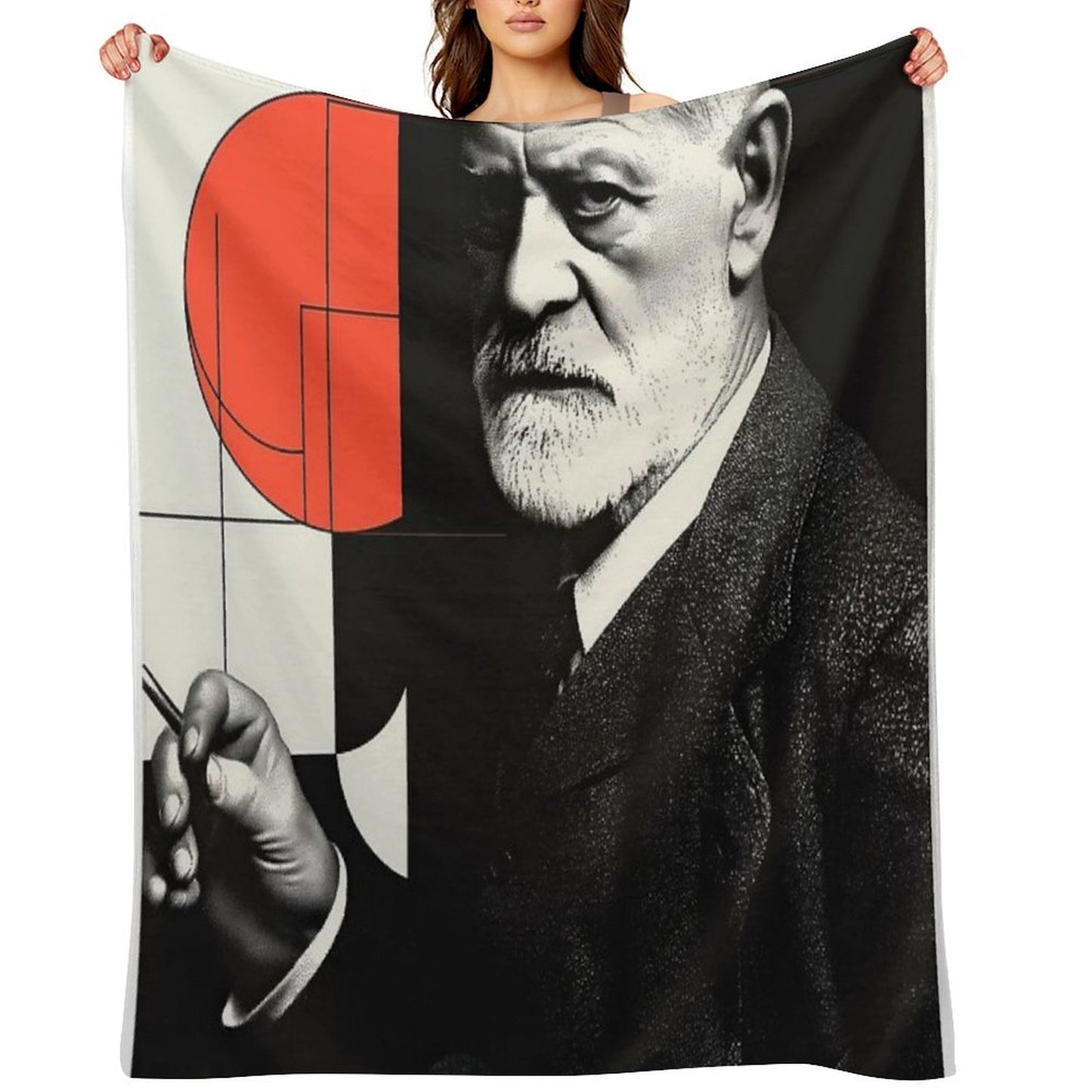 Psychoanalysis Portrait Art – Freud with Abstract Red Geometry Throw Blanket