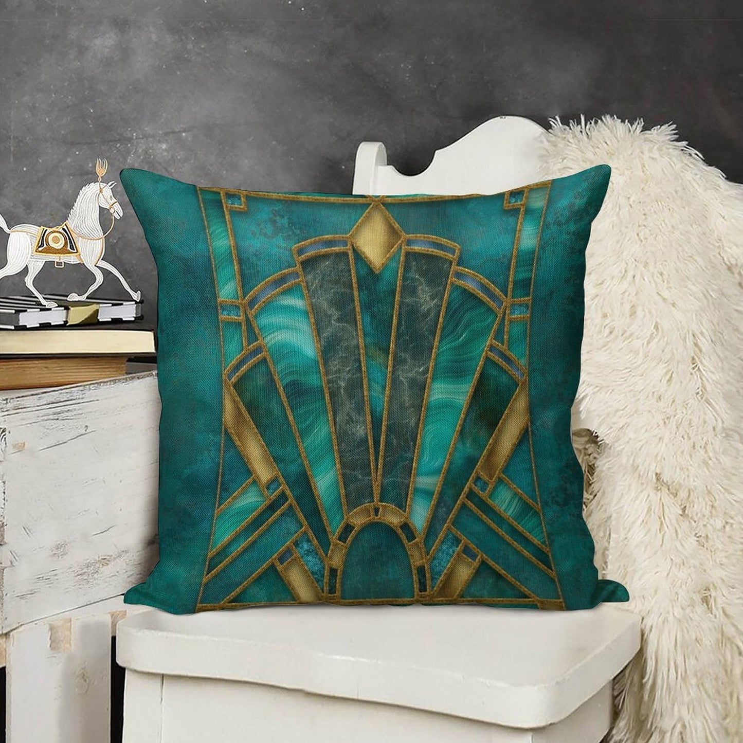 Elegant Stained Glass Art Deco Window With Marble And Gemstone Linen Throw Pillow Cover