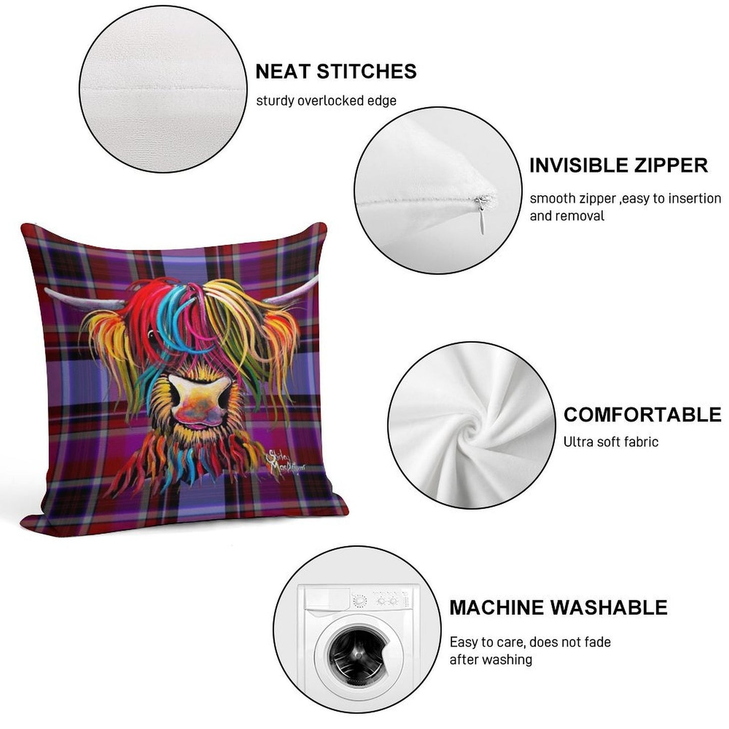 SCoTTiSH HiGHLaND CoW ' TaRTaN NeLLY P ' by SHiRLeY MacARTHuR Soft Anti-Pilling Throw Pillow