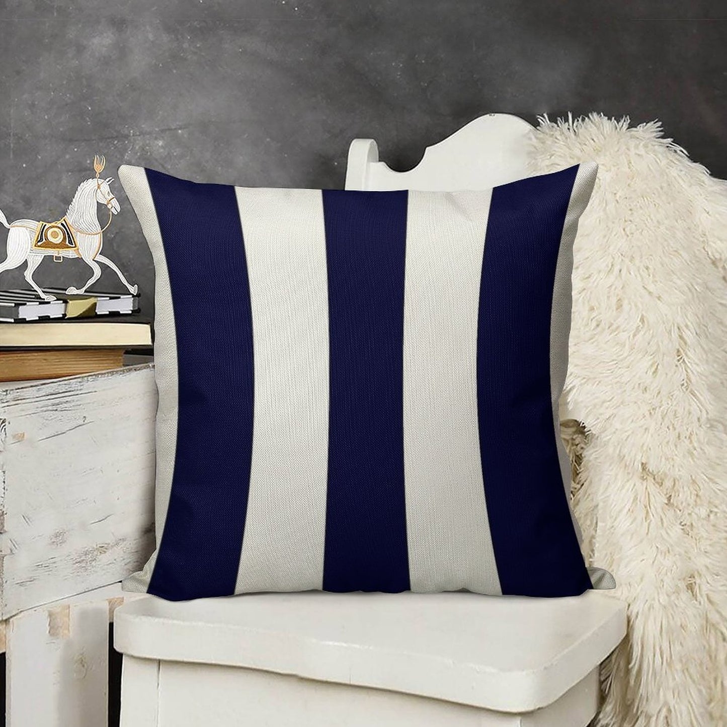 Navy Blue And White Stripes Linen Throw Pillow Cover