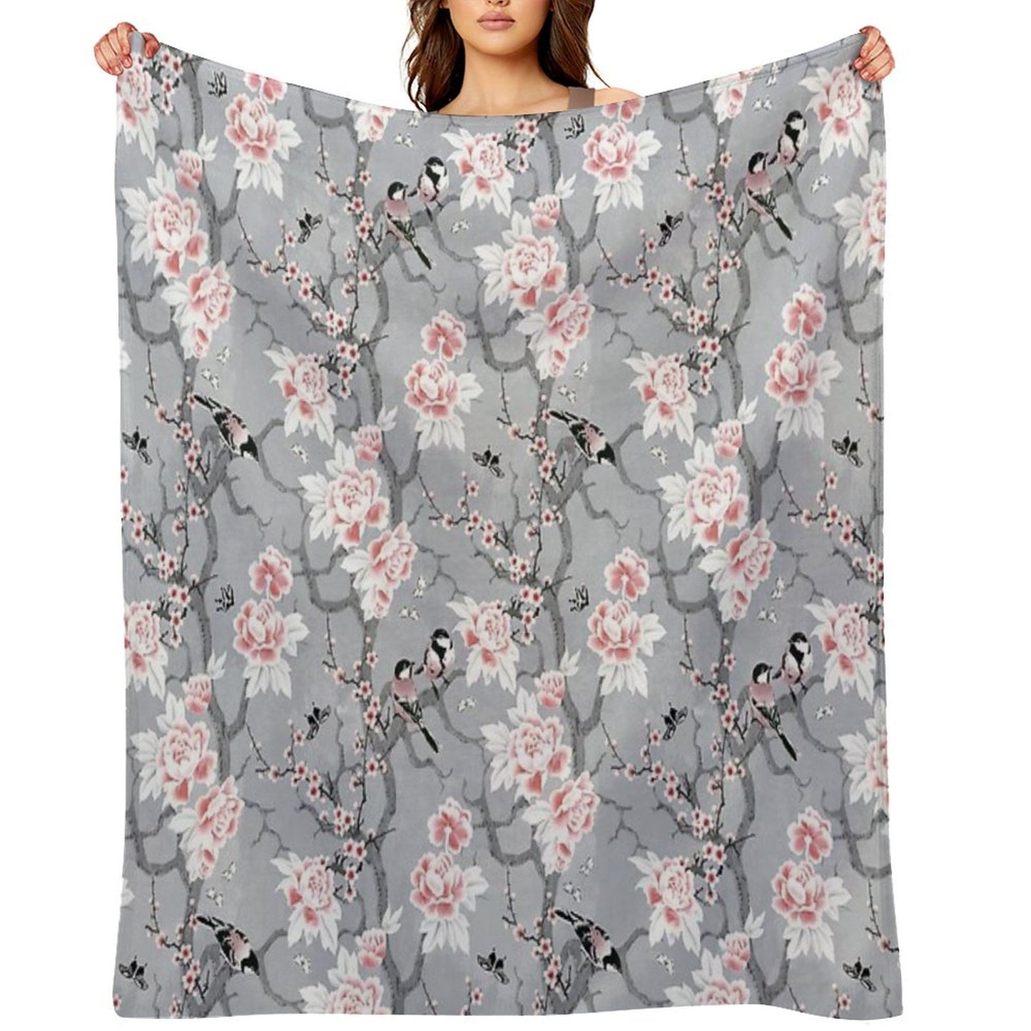 Chinoiserie Birds in Grey Throw Blanket