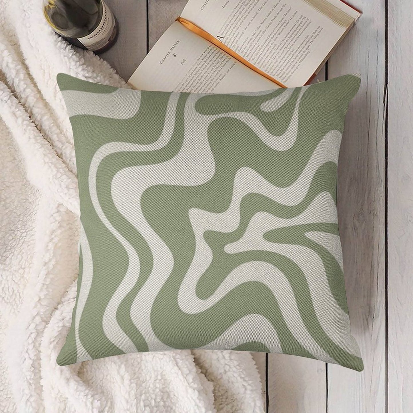 Liquid Swirl Contemporary Abstract Pattern in Sage Green And White Linen Throw Pillow Cover