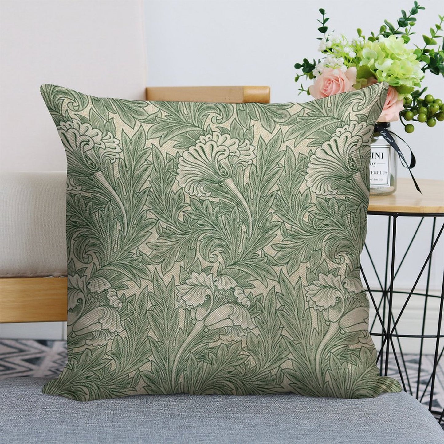 William Morris Vintage Green Tulip Floral Pattern Linen Throw Pillow Cover