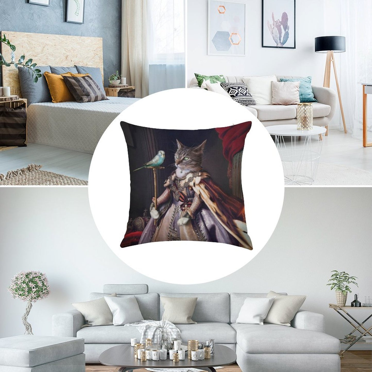Cat And Budgie Portrait -  Big Cat And Cyril Linen Throw Pillow Cover