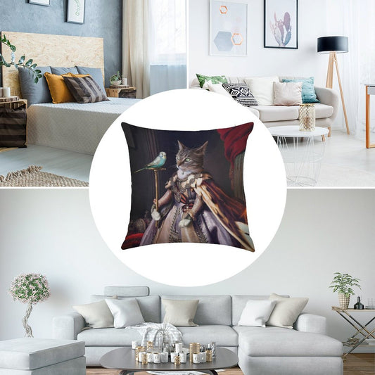 Cat And Budgie Portrait -  Big Cat And Cyril Linen Throw Pillow Cover