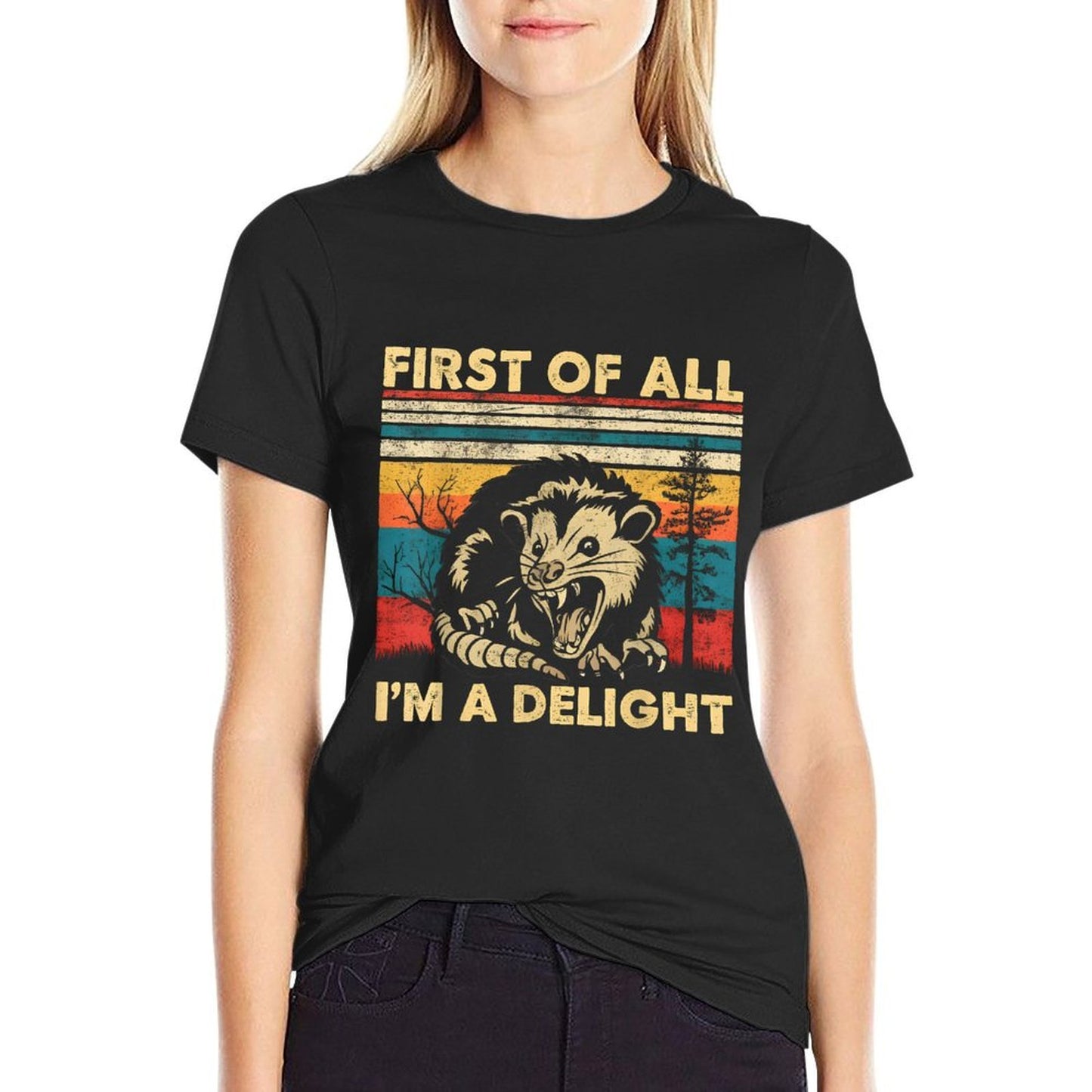 First Of All I'm A Delight Sarcastic Angry Opossum Possum, Small, Black Wrinkle-resistant T-Shirt