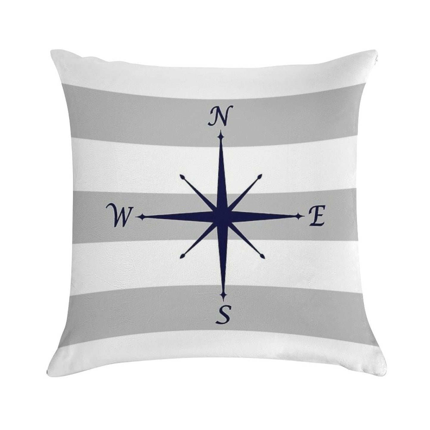 Nautical Navy Blue Compass On Silver Gray And White Stripes Soft Washable Throw Pillow