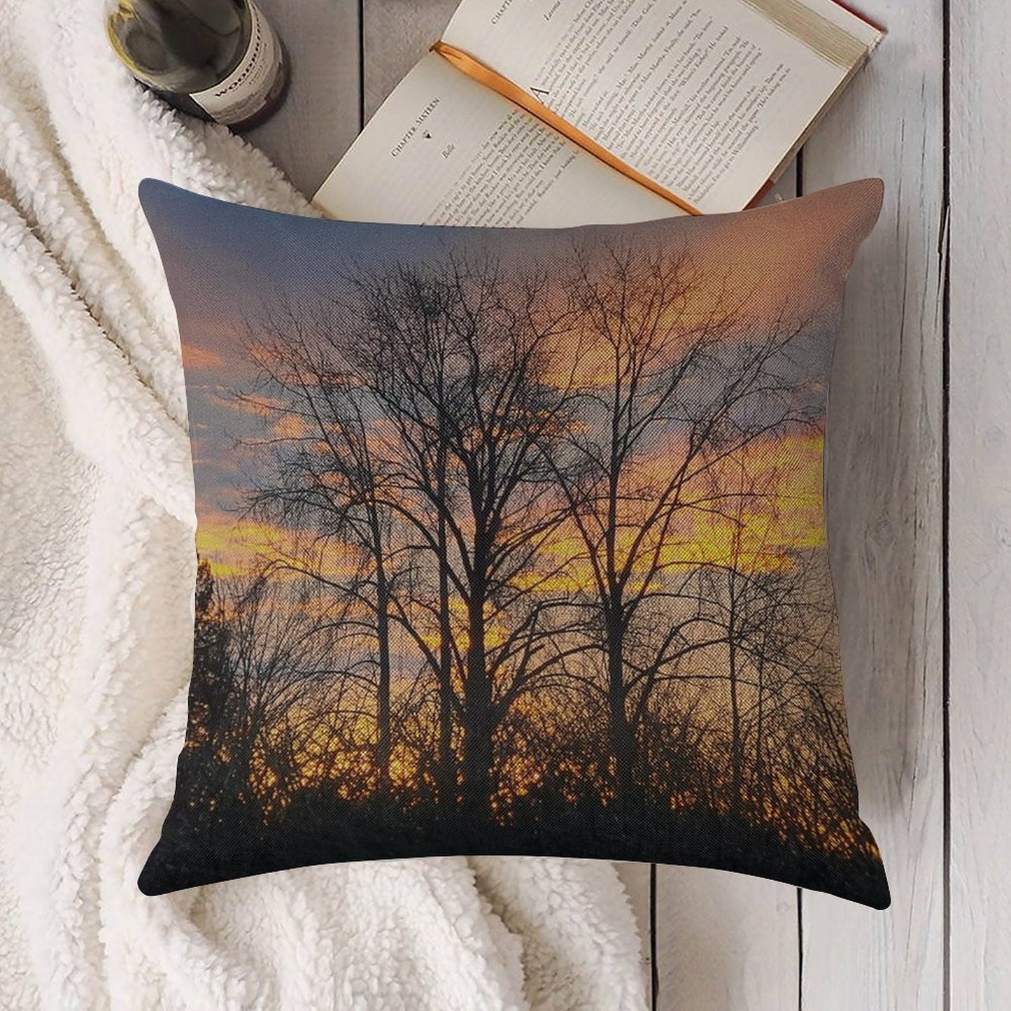Autumn Ember Silhouette Linen Throw Pillow Cover