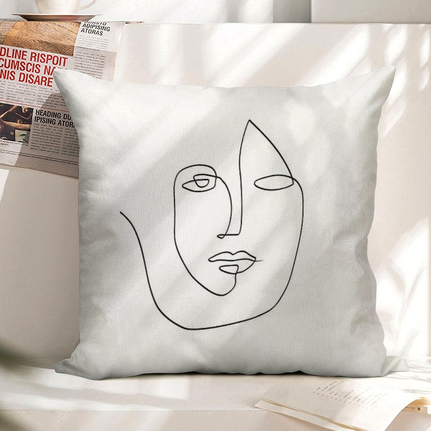Abstract Face - One Line Art Linen Throw Pillow Cover