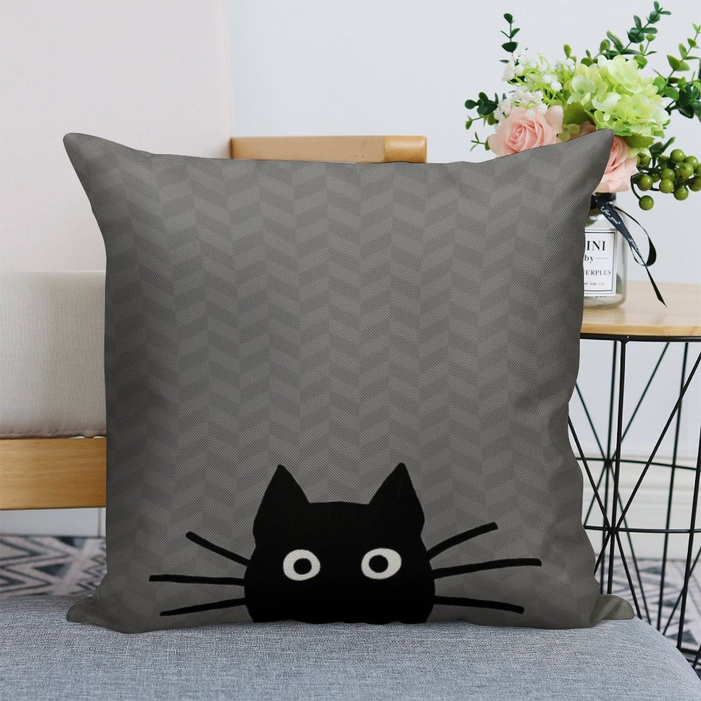 Black Cat Face Linen Throw Pillow Cover
