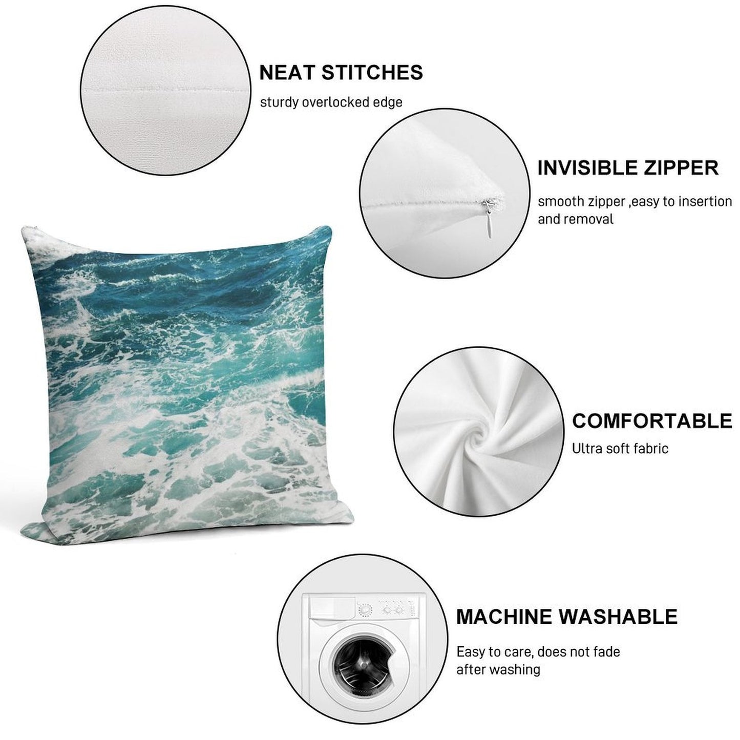 Blue Ocean Waves Soft Fade-Resistant Throw Pillow