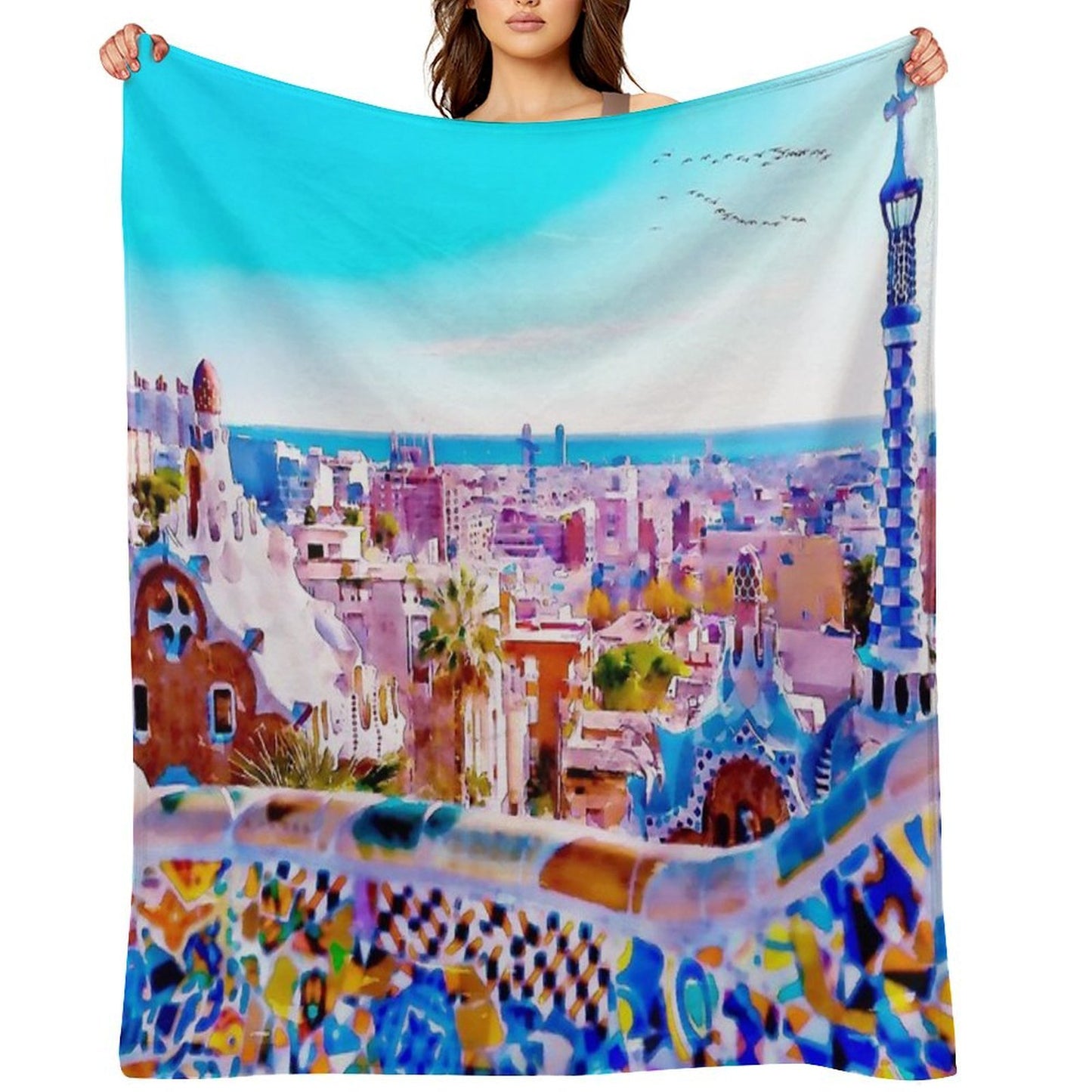 Barcelona's Park Guell in Watercolor Throw Blanket