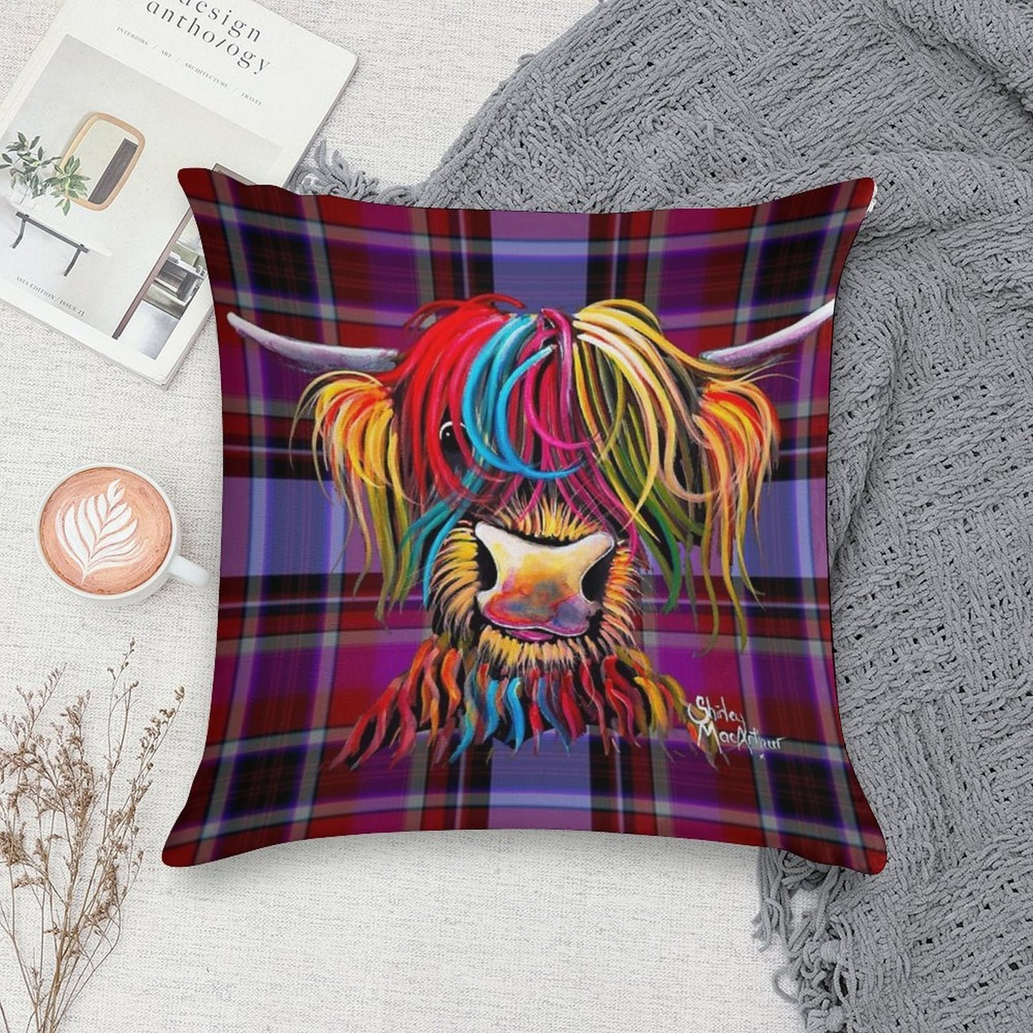 SCoTTiSH HiGHLaND CoW ' TaRTaN NeLLY P ' by SHiRLeY MacARTHuR Soft Anti-Pilling Throw Pillow