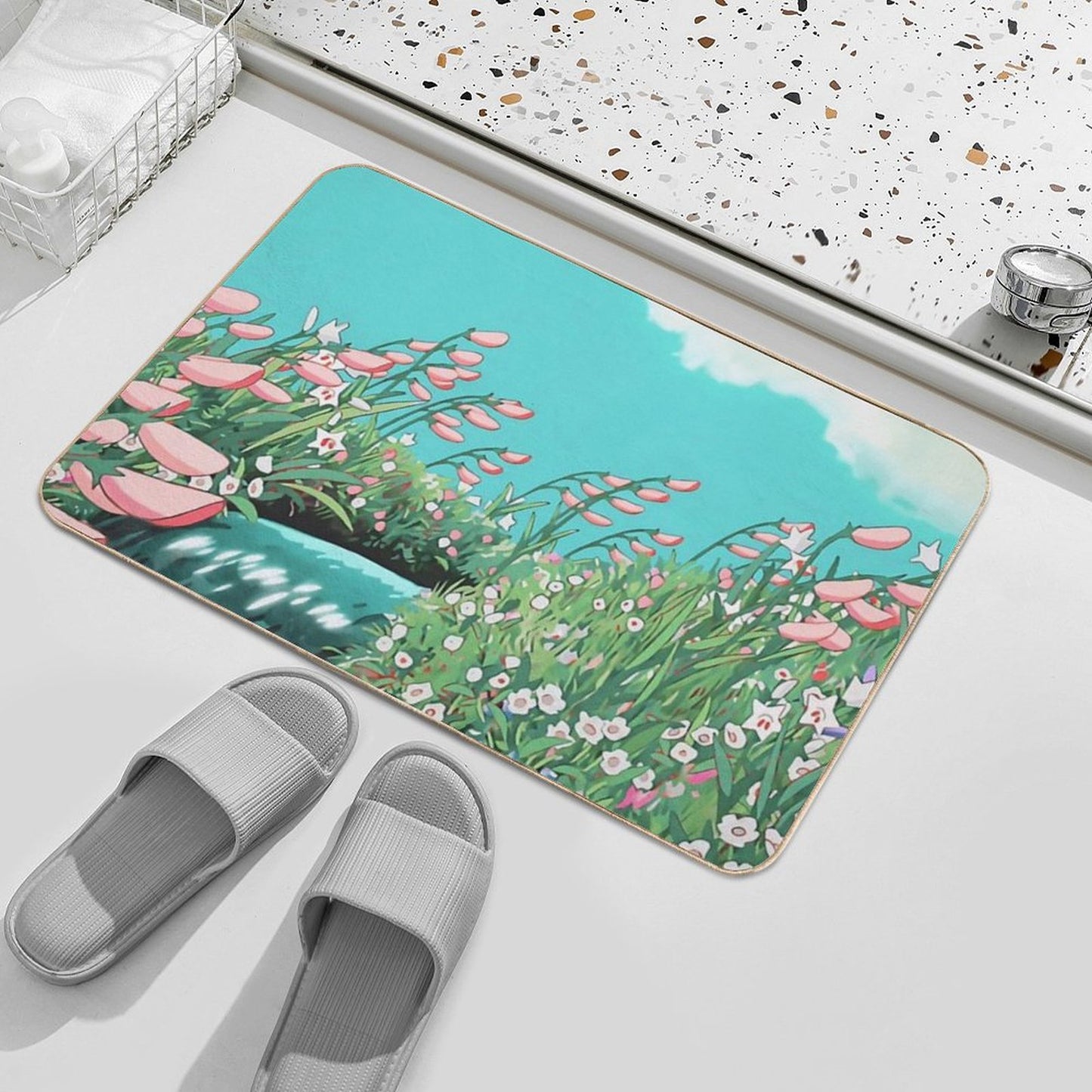 Anime Flowers in The River Scenery Bath Mat