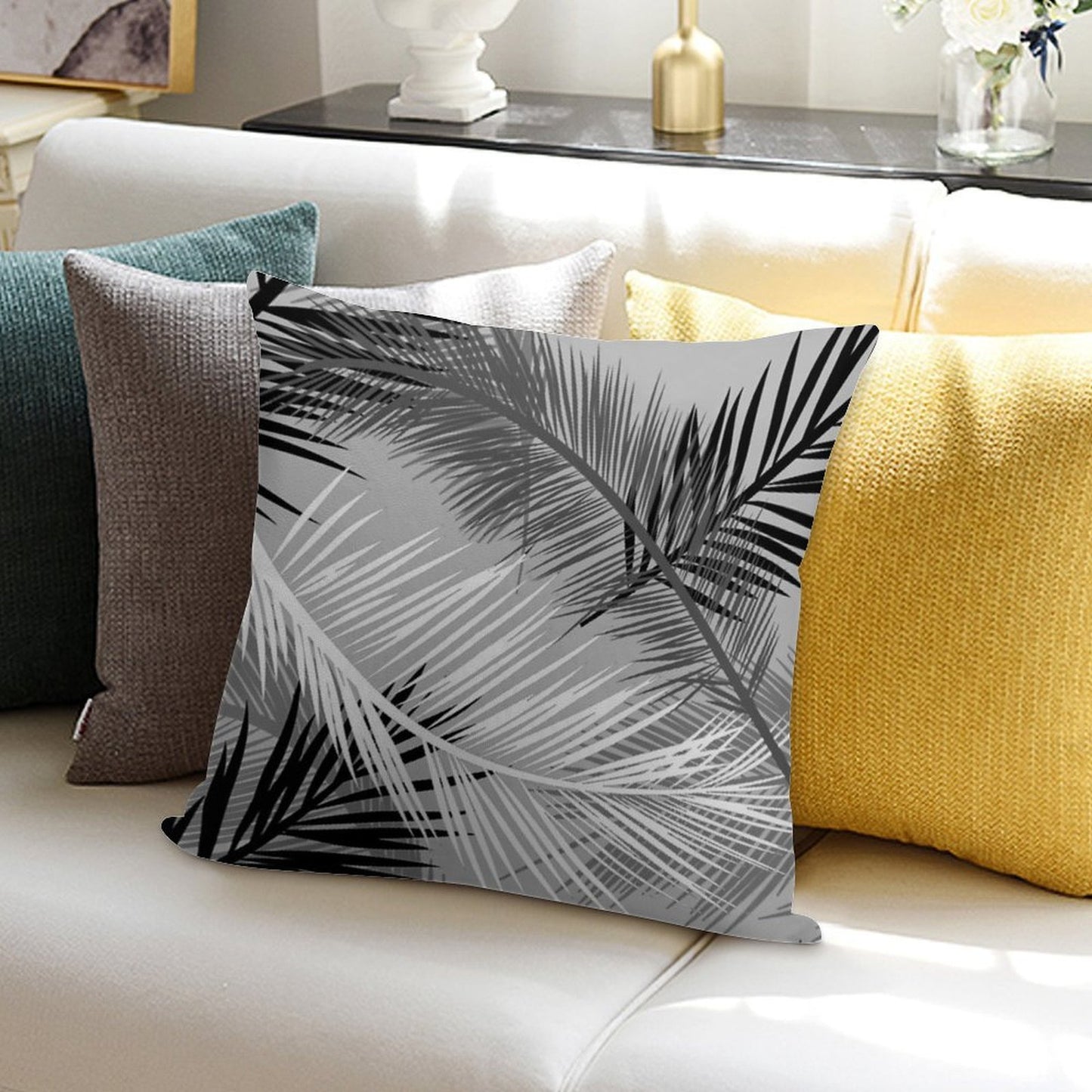 Palm Leaf Print, Gray, Black And White Soft Luxury Feel Throw Pillow