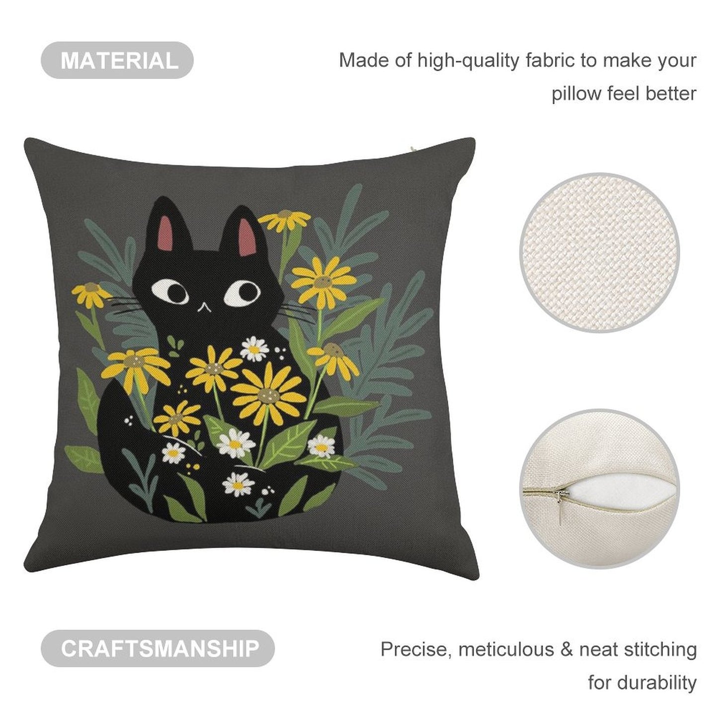 Black Cat with Flowers Linen Throw Pillow Cover