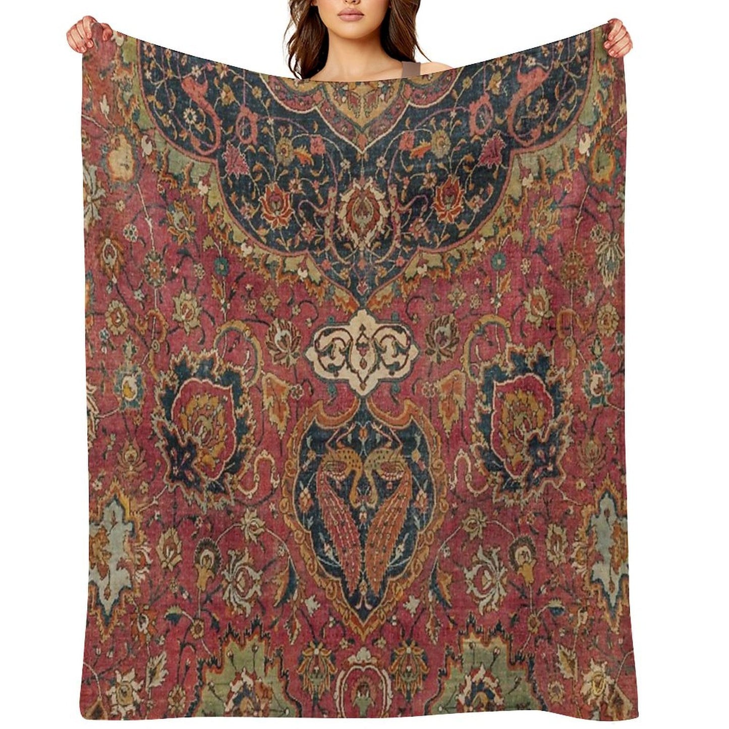 Persian Medallion Rug VIII 16th Century Distressed Red Green Blue Flowery Colorful Ornate Pattern Throw Blanket