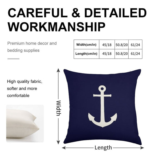 White Anchor On Navy Blue Linen Throw Pillow Cover