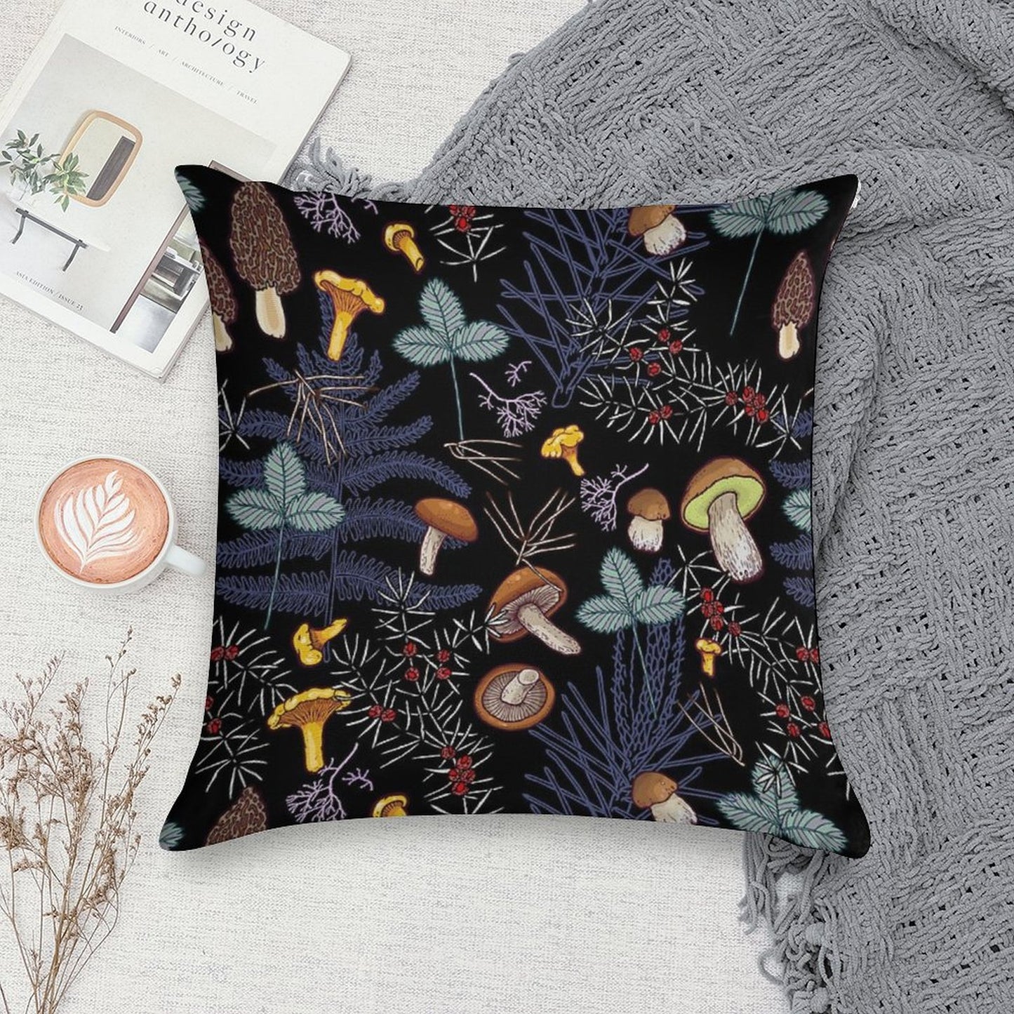 Dark Wild Forest Mushrooms Soft Anti-Pilling Throw Pillow