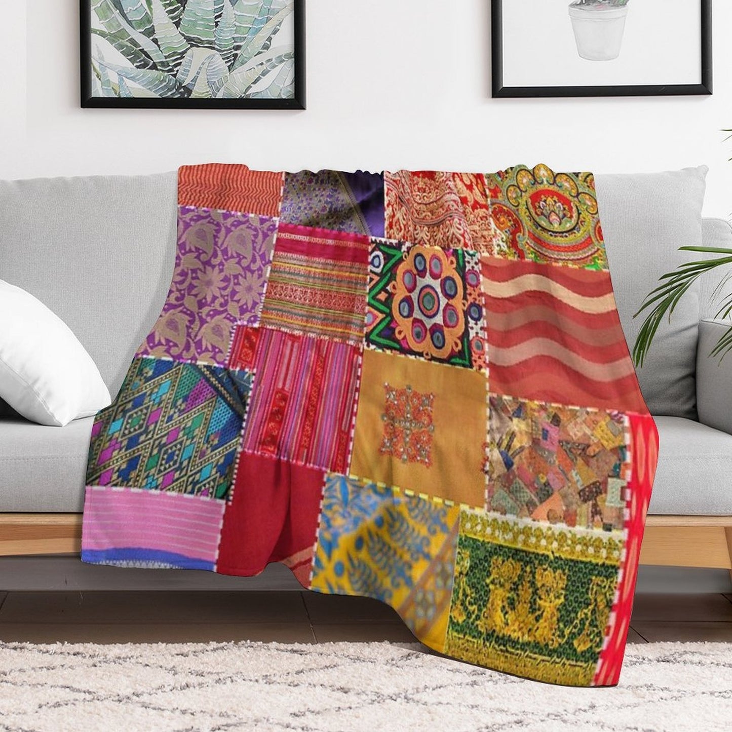Boho Art Sari Patchwork Quilt Throw Blanket