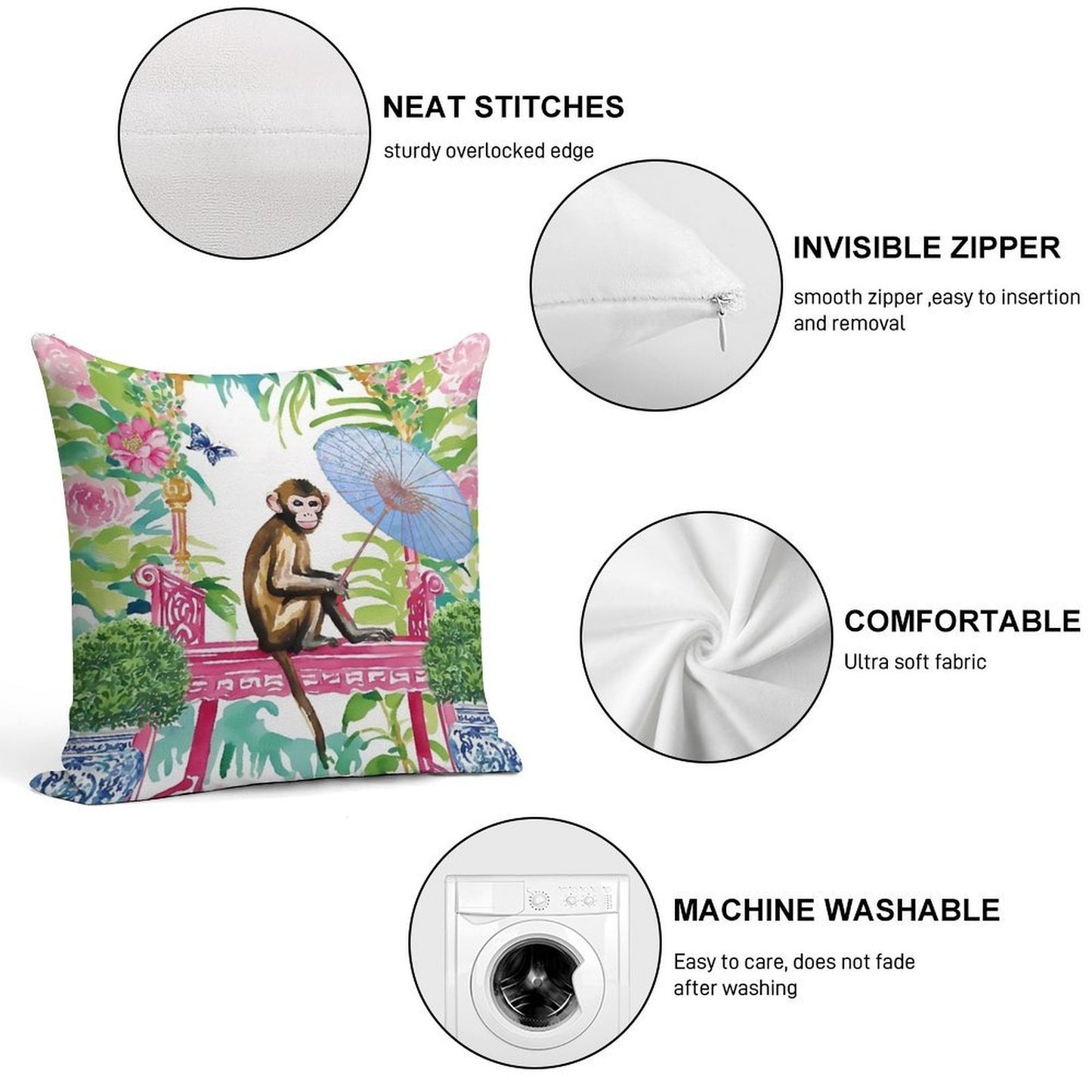 Monkey in Chinoiserie Garden Soft Washable Throw Pillow