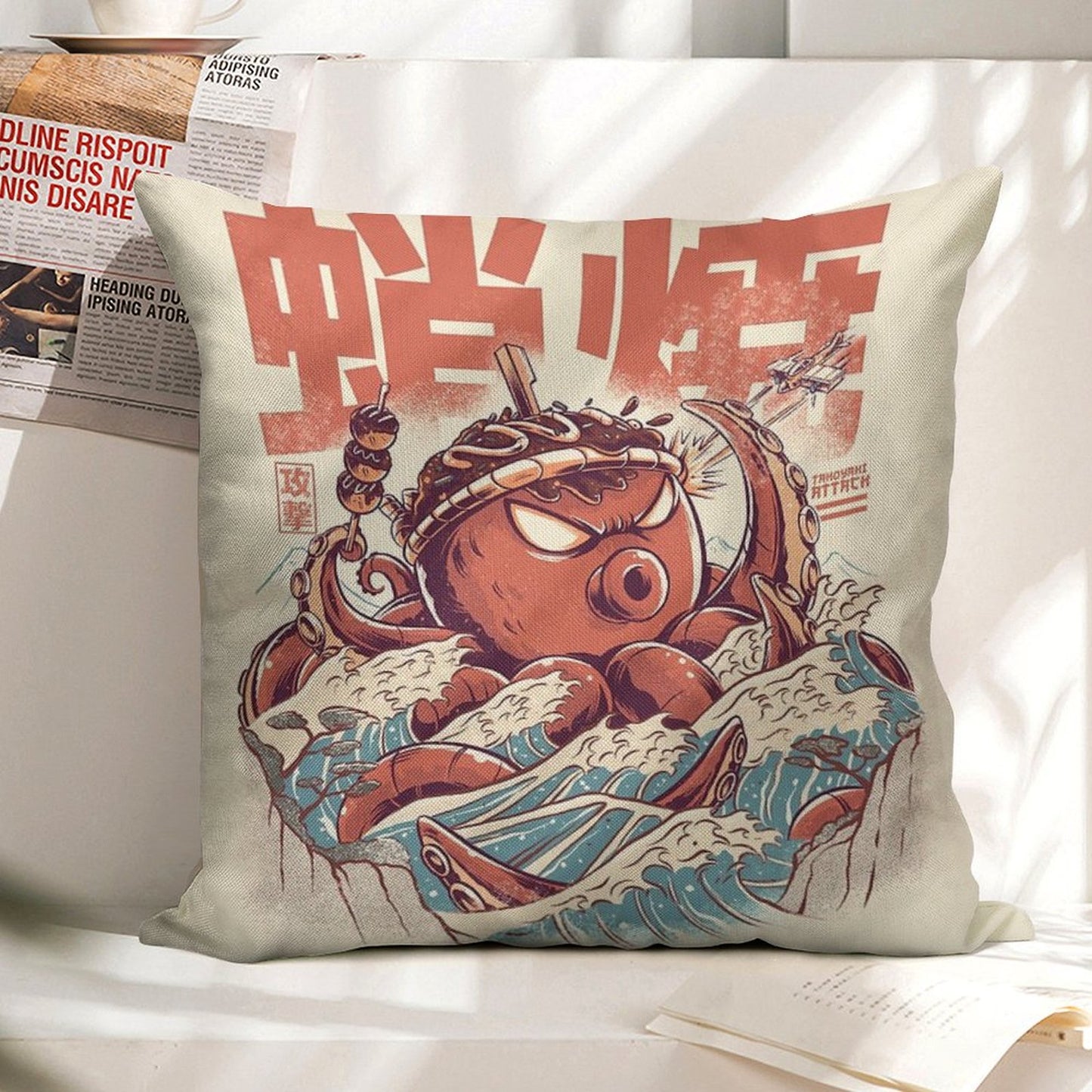 Takoyaki Attack Linen Throw Pillow Cover