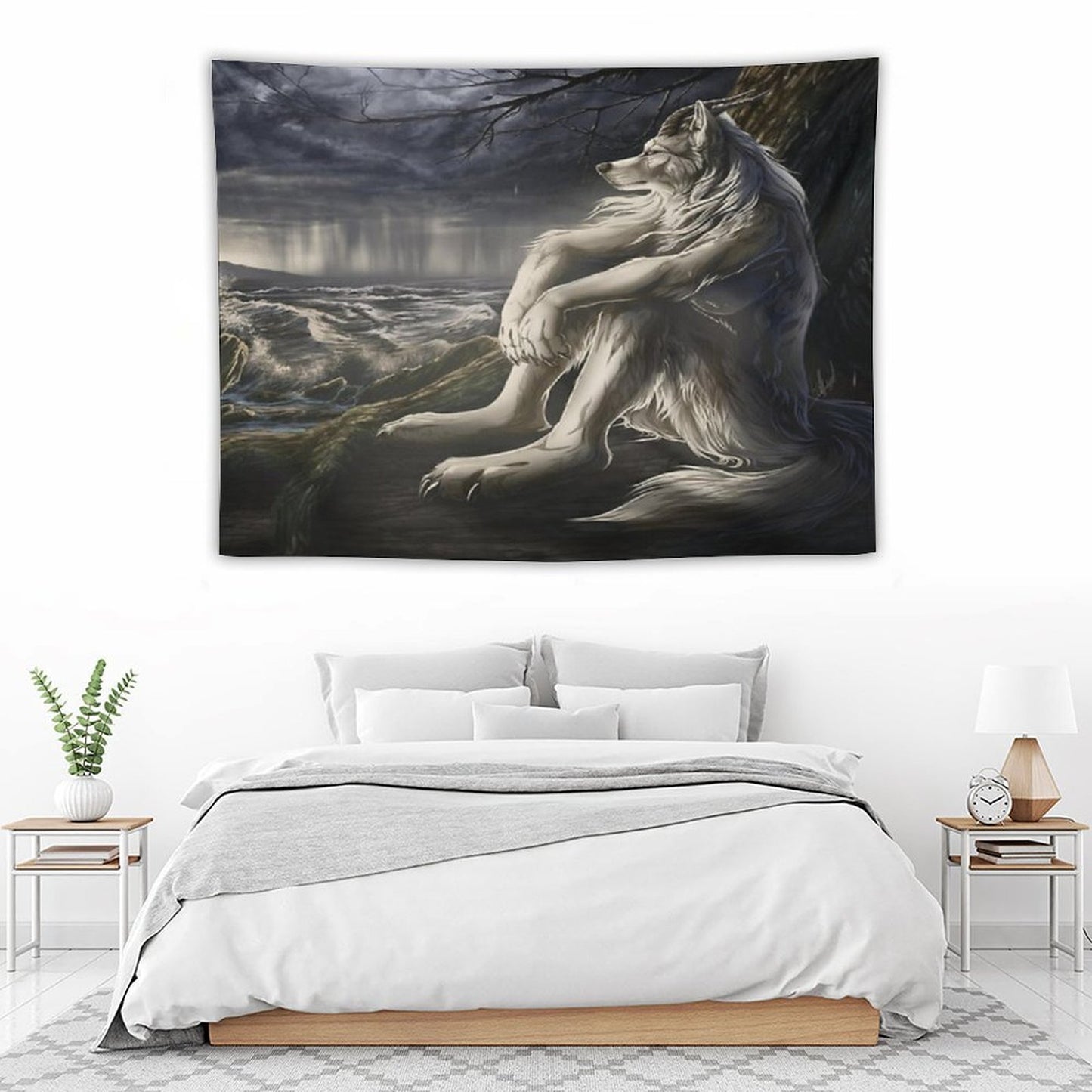 Emo White Wolf Sitting Sad Meme Tapestry
