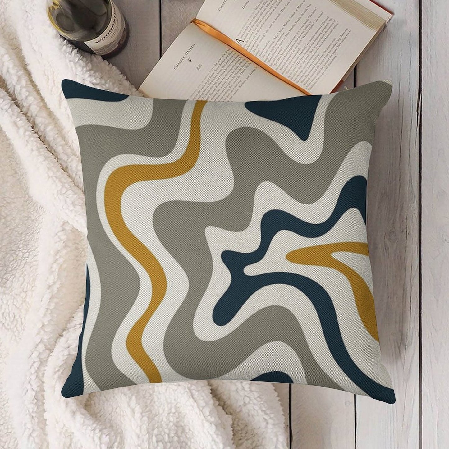 Liquid Swirl Contemporary Abstract in Mustard Yellow, Navy Blue, Grey, And White Linen Throw Pillow Cover