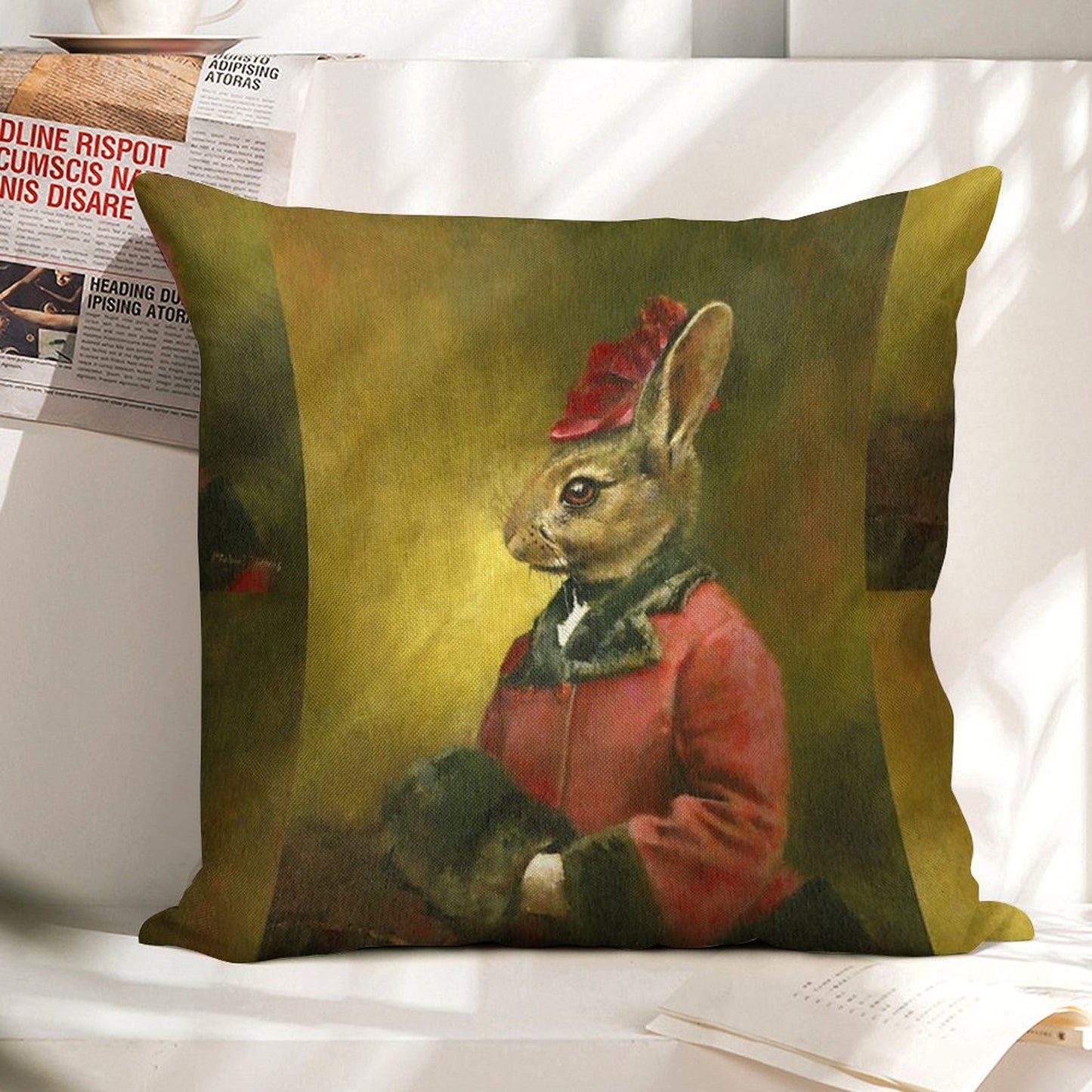 Victorian Lady Rabbit Linen Throw Pillow Cover