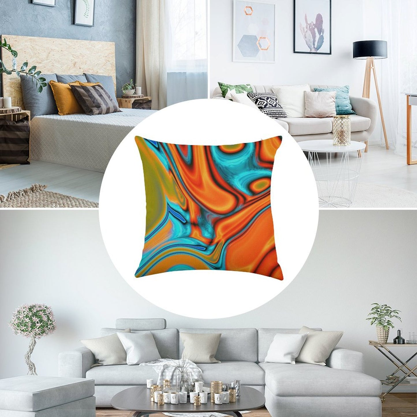 Vivid Modern Southwest Hipster Turquoise Orange Swirls Linen Throw Pillow Cover