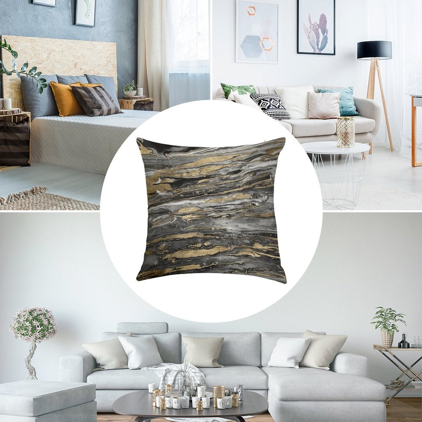 Stylish Grey Gold Abstract Marble Linen Throw Pillow Cover